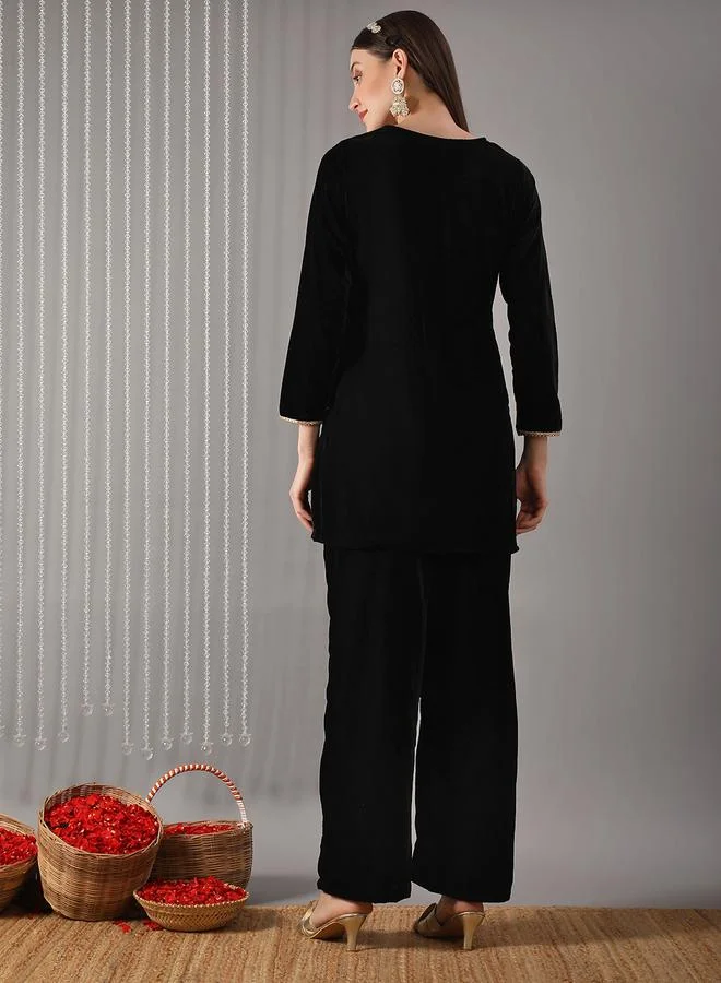 globus Women Velvet Embroidered Kurta and Trousers Ethnic Co-Ords